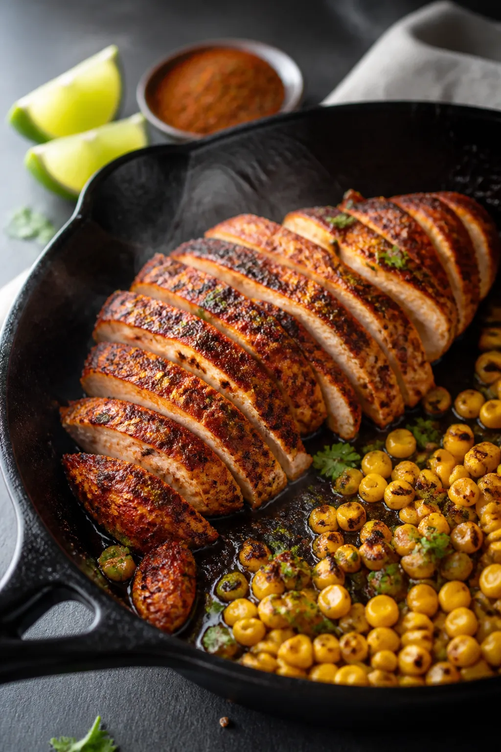 Cooking process, skillet sizzle: Sliced, spice-rubbed chicken breast searing in a large cast-iron sk