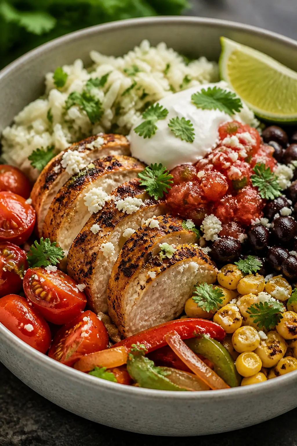 Final plated bowl, close-up detail: A single ceramic bowl of the finished high-protein chicken burri