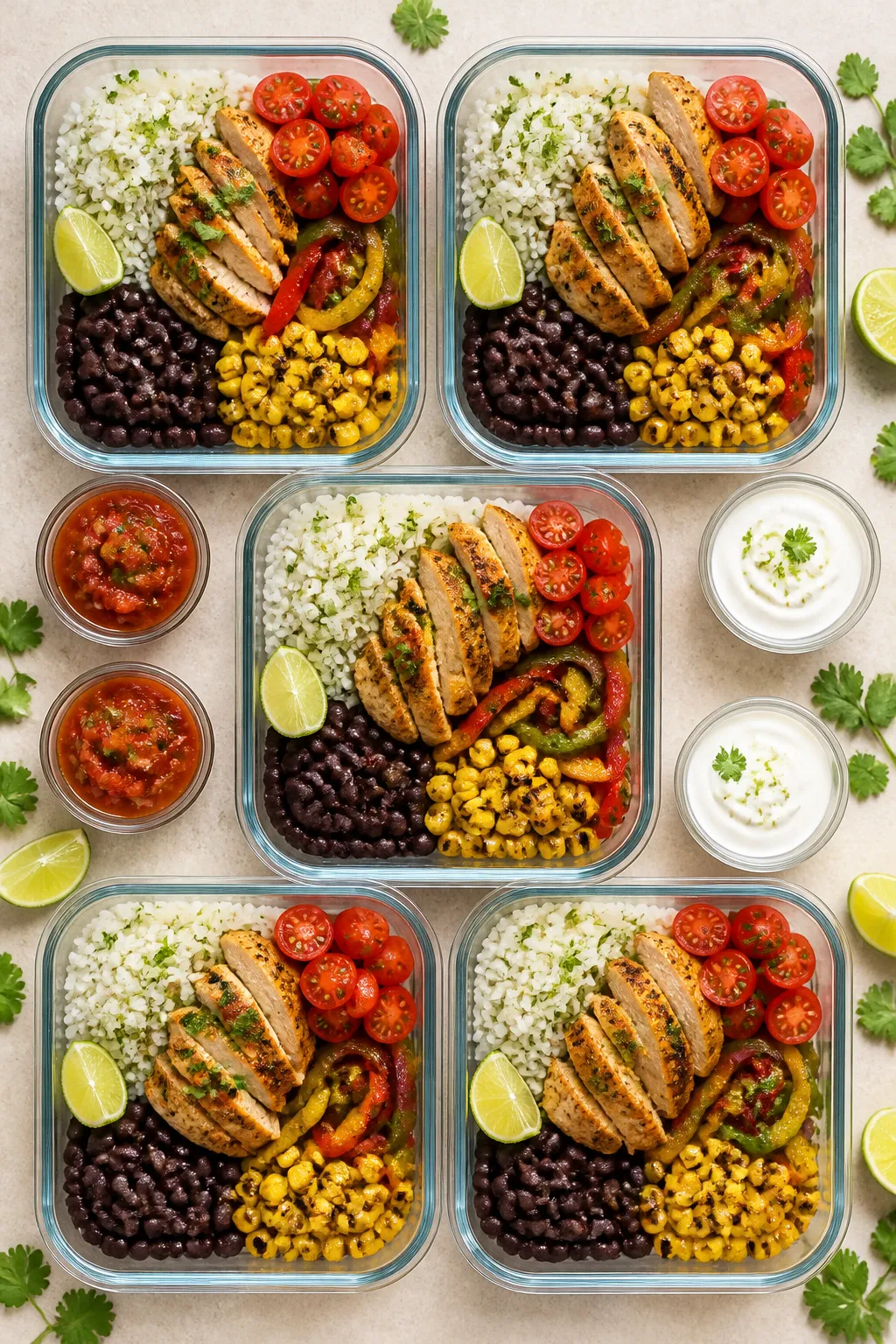 Tasty top view, meal prep lineup: Overhead shot of five neatly arranged chicken burrito bowl meal-pr